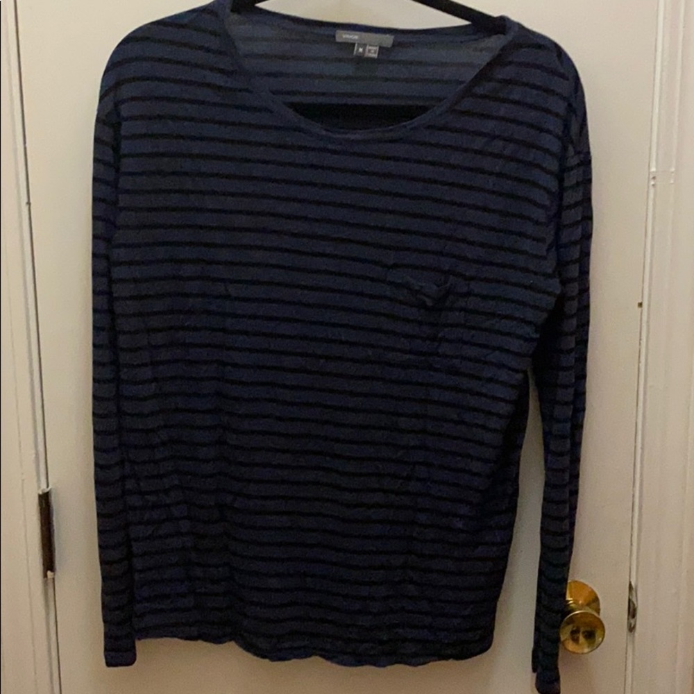 VINCE blue and black striped long sleeve shirt